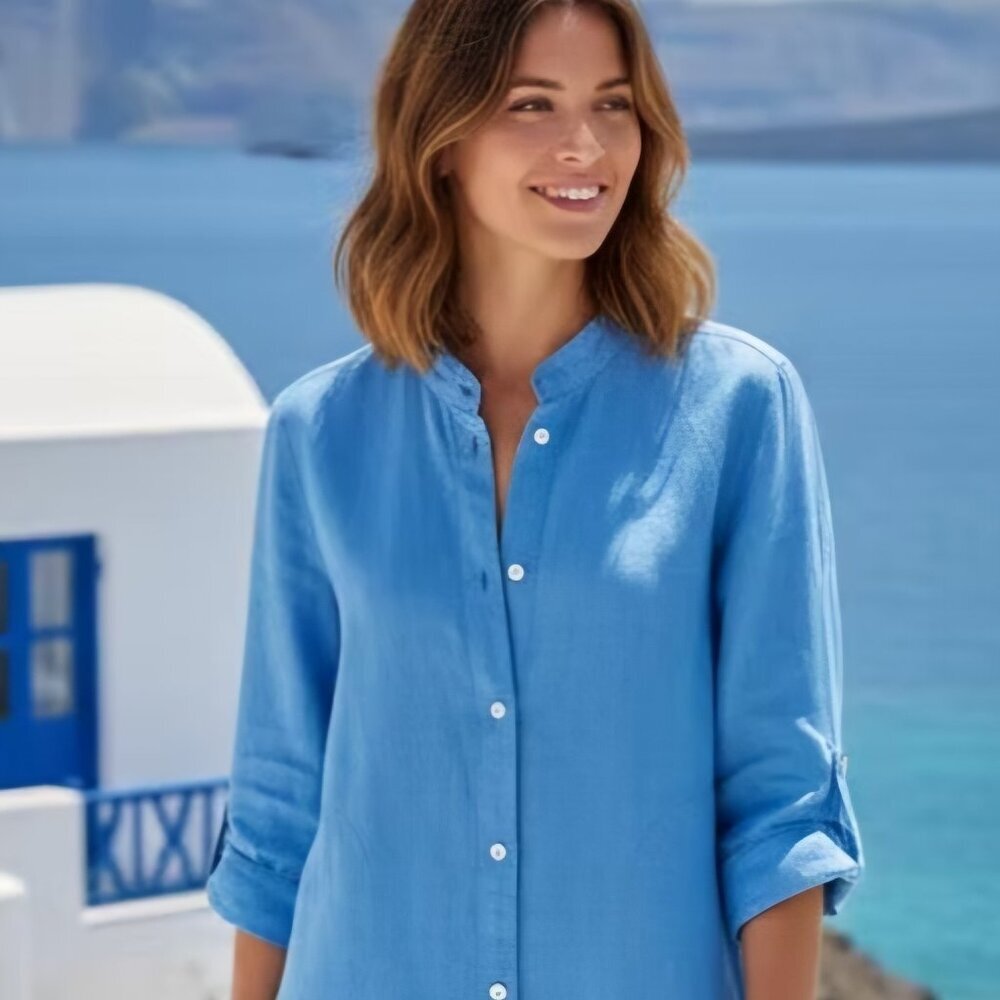 Linen Blue Beach Coastal Boho Tunic Dress Button Oversize Side Slit Top Greece L